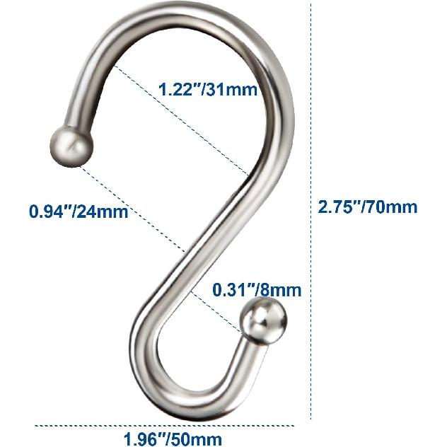 Shower Curtain Hooks Rings, Zinc Alloy S Shaped Shower Hooks Rust Proof, Shower Curtain Hangers for Shower Curtain, Kitchen, Wardrobe & Garden,