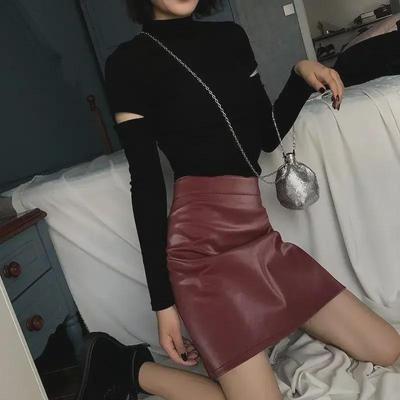 Black Leather High-Waist A-Line Skirt: Perfect for Spring & Autumn