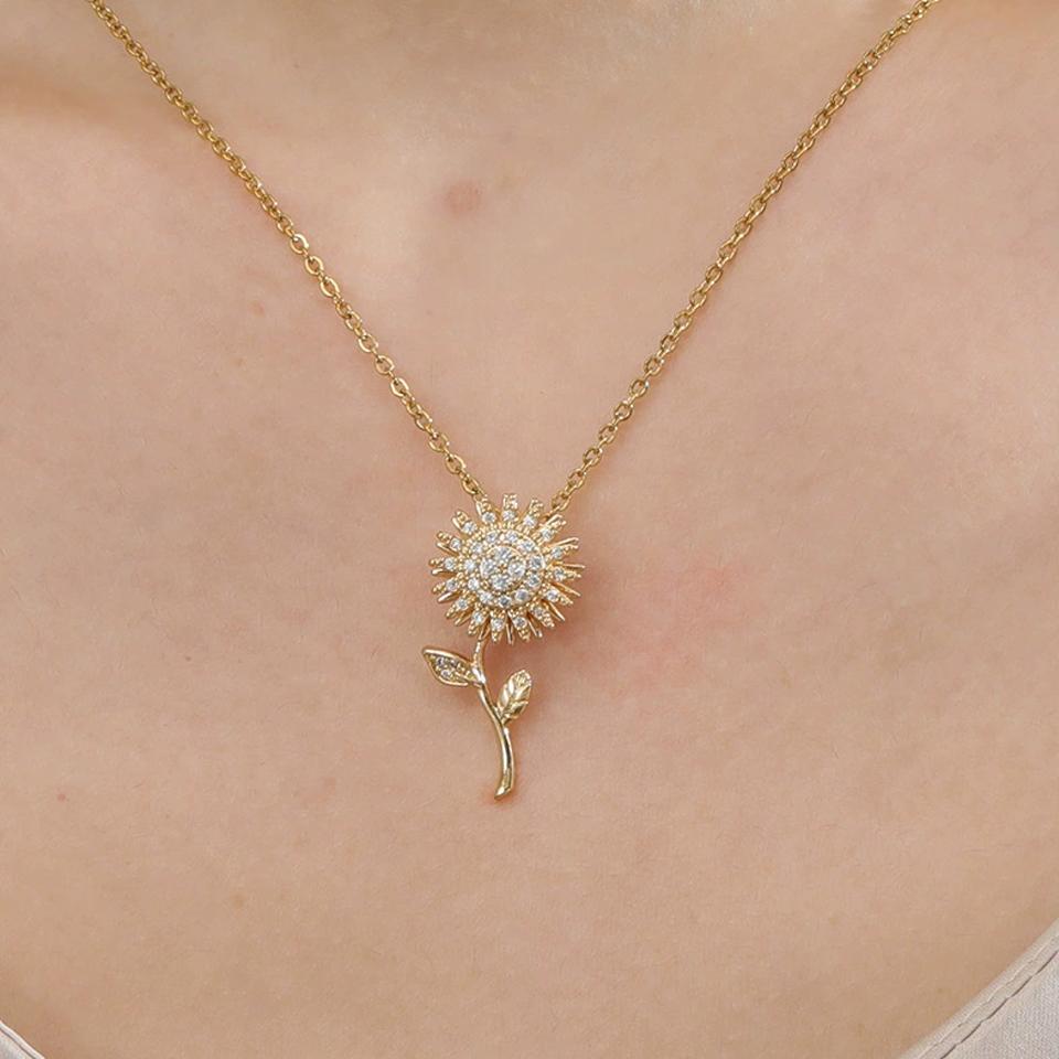 ZAKOL Exquisite Rotating Sunflower Zirconia Flower Pendant Necklace Fashion Plant Flowers Gold Color Chain Choker Necklace Gift