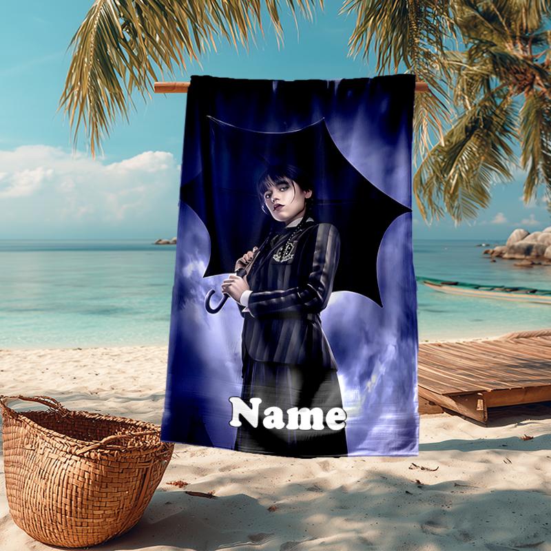 Custom Name Ultra-Soft Beach Towel with Wednesday Theme,Ideal for Pool - Camping, Diving - Perfect Travel Essential, Vibrant Beach Towel.
