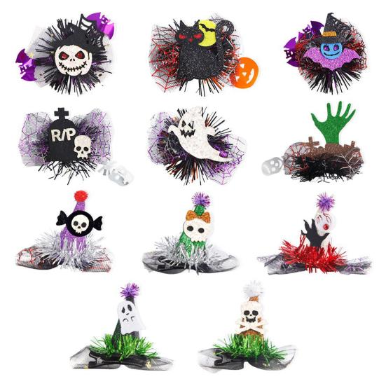 1 Pair Halloween Dog Barrettes Witch Hat Pet Hair Clip Felt Skull Gauze Cobweb Hair Accessories for Puppy Cats Festive Dress-up