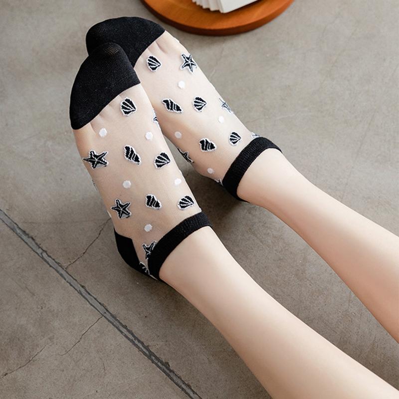 6/12 Pairs Women Transparent Crystal Silk Short Socks Summer Thin Breathable Fashionable Starfish Shell Pattern Casual Socks