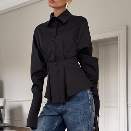 Women's Vintage Palace Style 100% Cotton Shirt Lapel Long Sleeve Pleated Waist Slim Fit Elegant Commuter Blouse