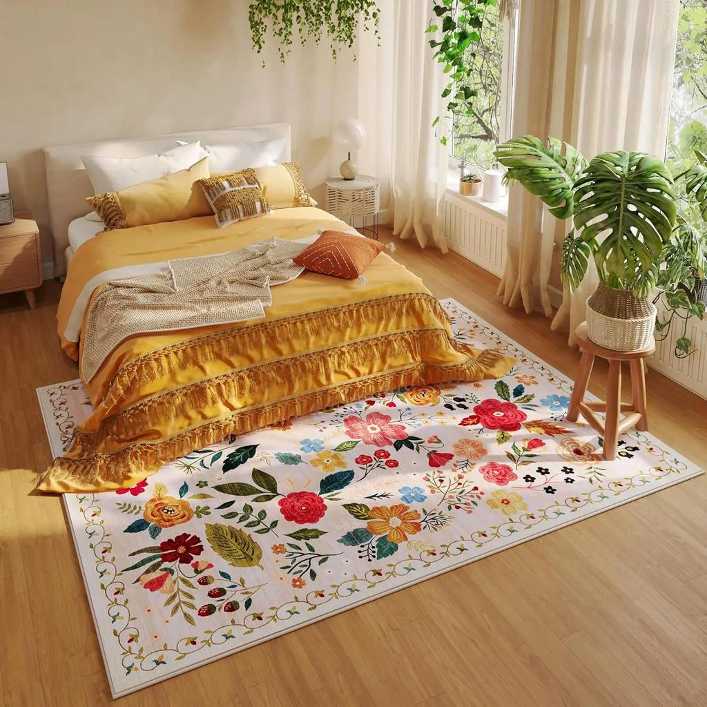 Machine Washable Boho Floral Small Area Rug Non-Slip Low Pile Throw Rugs for Entryway Kitchen Front Door Indoor Decor Rug