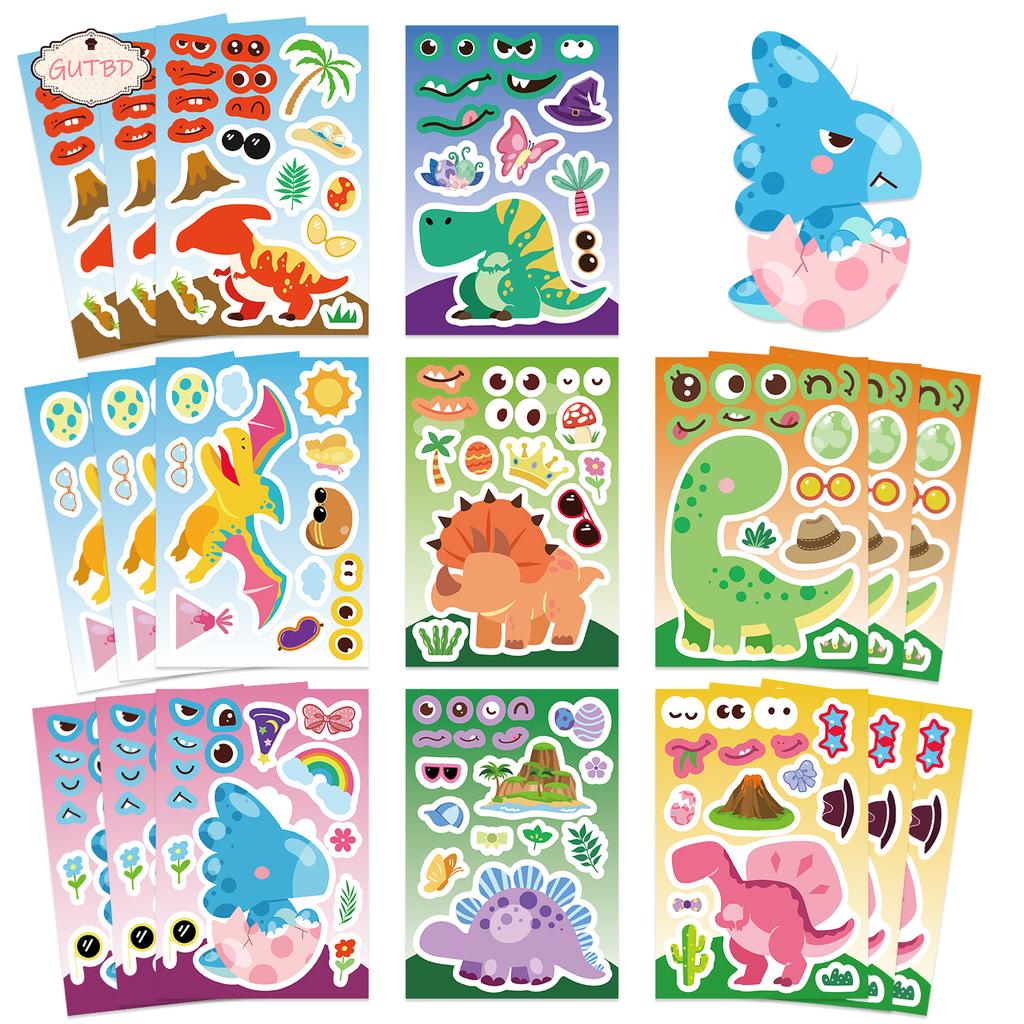 8PCS Dinosaur Collage Stickers Cute Face Changing Mug Computer Cell Phone Laptop Decoration Waterproof Stickers