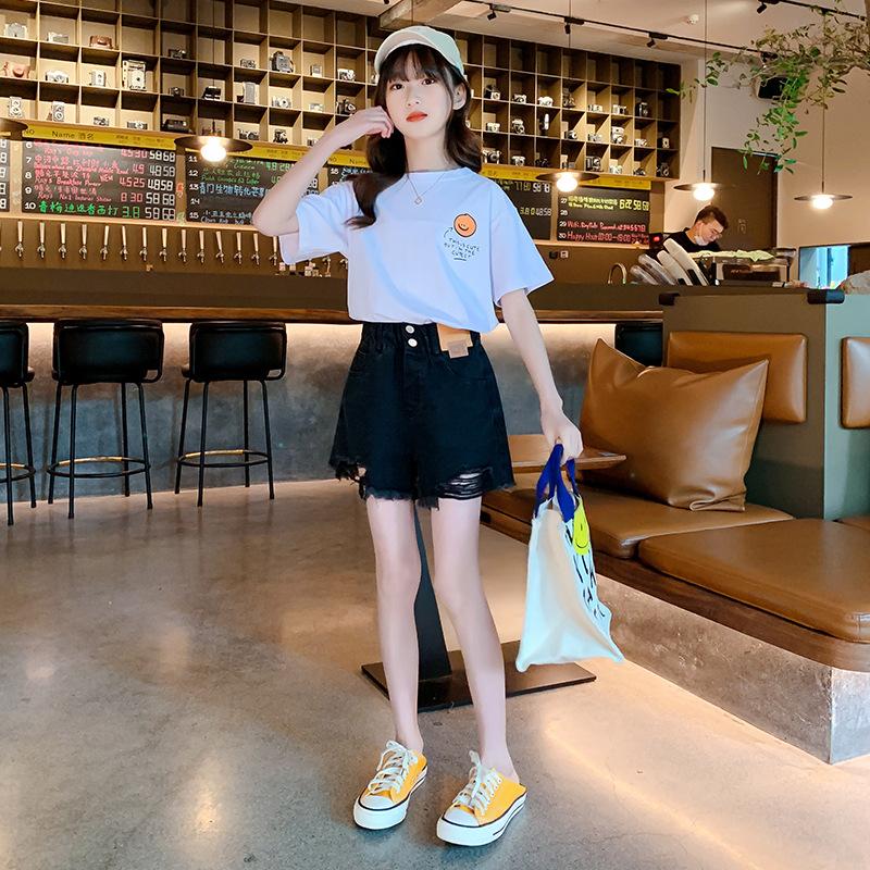Summer Teen Girls Denim Shorts Clothes Kids Child Elastic Waist Hole Design Shorts Age 5-14 Years Old