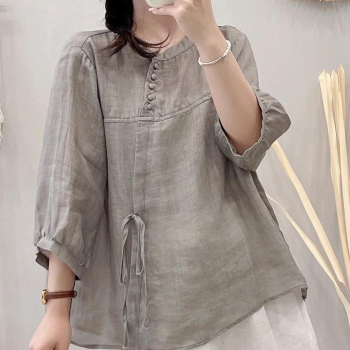 Women's Spring and Summer Elegant, Literary, Retro, Casual Solid Color Loose Slimming Five-Eighth Sleeve Tie Shirt