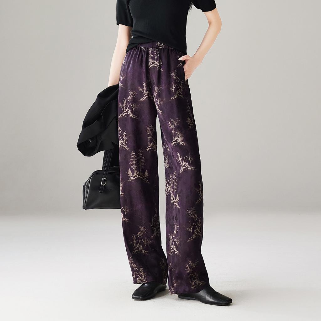 Chinese style printed casual wide leg pants for women in spring 2026, fashionable, loose and versatile, slimming and floor hugging pants