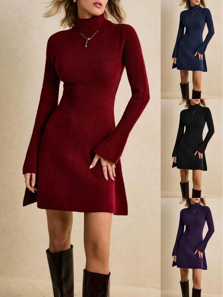 Cross-Border Europe-America Chic Wine Red Dress: Autumn/Winter High Neck Style