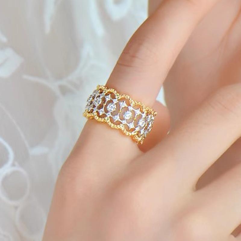 Huitan Gorgeous Hollow-out Design Ring Lady Luxury Wedding Band Fashion Two-tone Style Finger Jewelry Shiny Zirconia Accessories