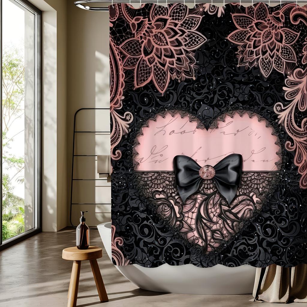 Eleganter Spitzen-Schleifen- & Herz-Blumen-Duschvorhang, Haken inklusive, Maschinenwaschbar, Wendbares Polyester-Badezimmer-Dekor