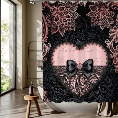 Elegant Lace Bow & Heart Floral Shower Curtain, Hooks Included, Machine Washable, Reversible Polyester Bathroom Decor