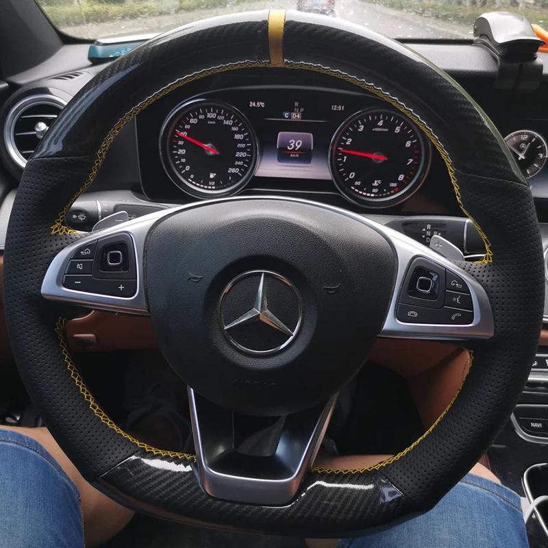 For Mercedes Benz W176 W246 W205 C117 218 X218 C253 W213 W166 Hand-stitched black suede carbon fiber car steering wheel cover