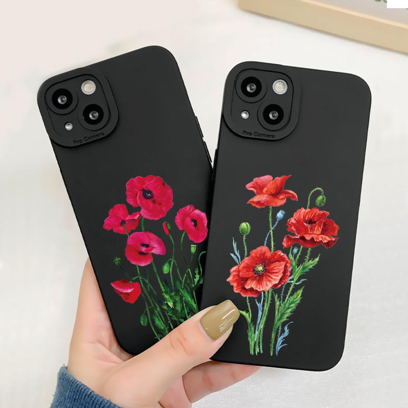 Poppy Flower Bloom Phone Case Black Color For iPhone 7 8 Plus SE2 13 12 11 14 Pro Max X XR XS Soft Silicone Cover Funda Shells