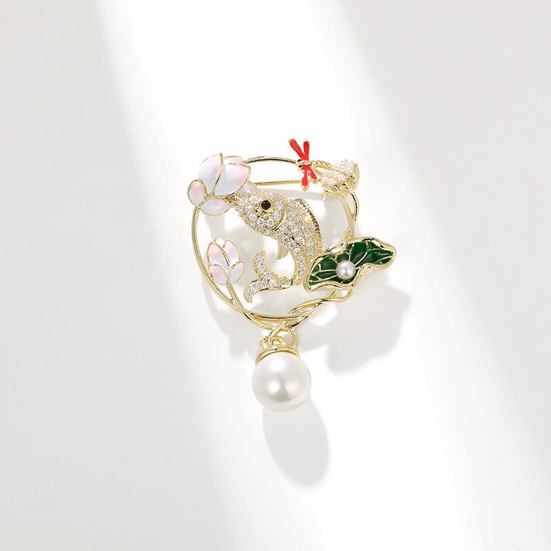 Bo Xin Yun Elegant Koi Fish  Lotus Leaf Zircon Brooch - Qipao Accessory