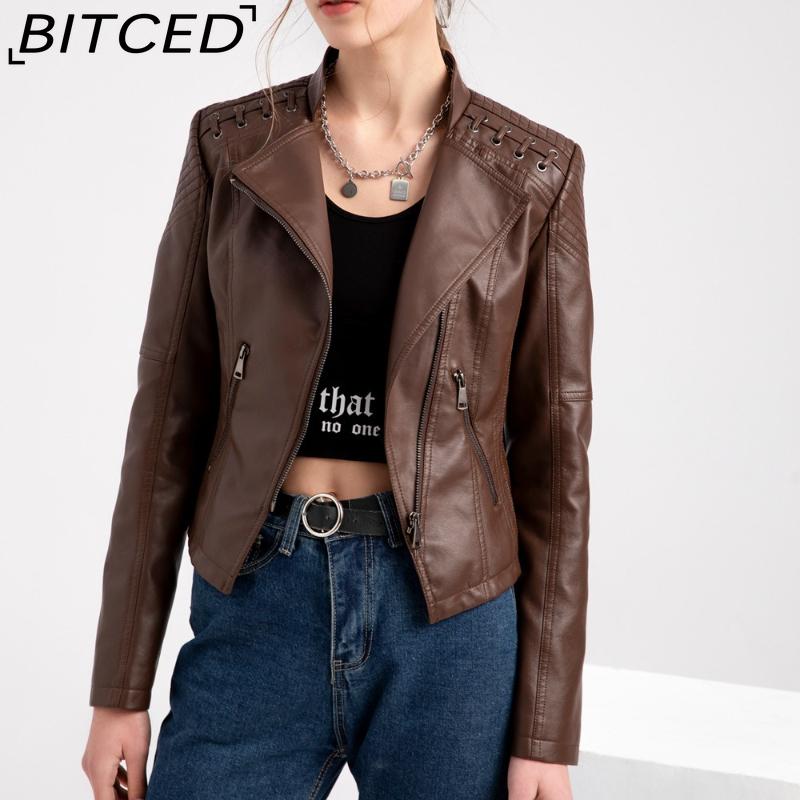 BITCED Spring/Autumn Women's Leather Jacket - Short Fit, Slim-Cut, Lightweight Leather Coat, Biker Style