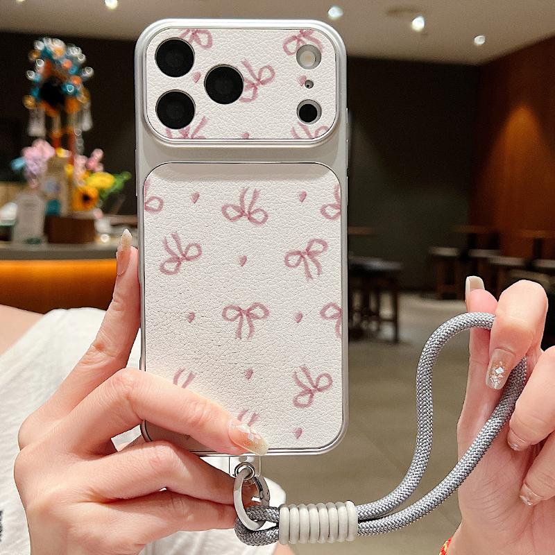 Pink Bowknots Floral Leather Lanyard Case For iPhone 18 Pro Max 17 16 15 14 13 Pro Max Luxury Hybrid TPU+PU Anti-skid Soft Phone Cover