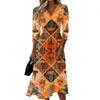 Womens Casual Fashion V Neck Midi Dress Three Quarter Sleeve Back Zipper Halloween Print Dress