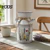 Rose Display Bucket Vintage Iron Flower Bucket, Rustic White Double-Handle Metal Vase with Floral Print & Jute Artificial Bow, Farmhouse