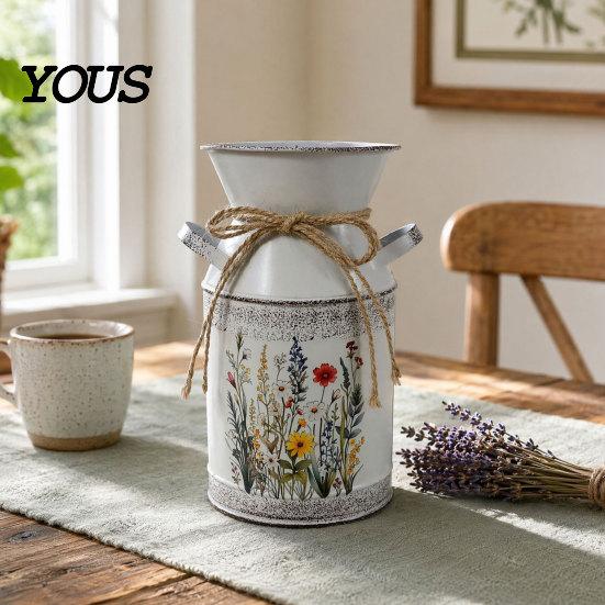 Rose Display Bucket Vintage Iron Flower Bucket, Rustic White Double-Handle Metal Vase with Floral Print & Jute Artificial Bow, Farmhouse