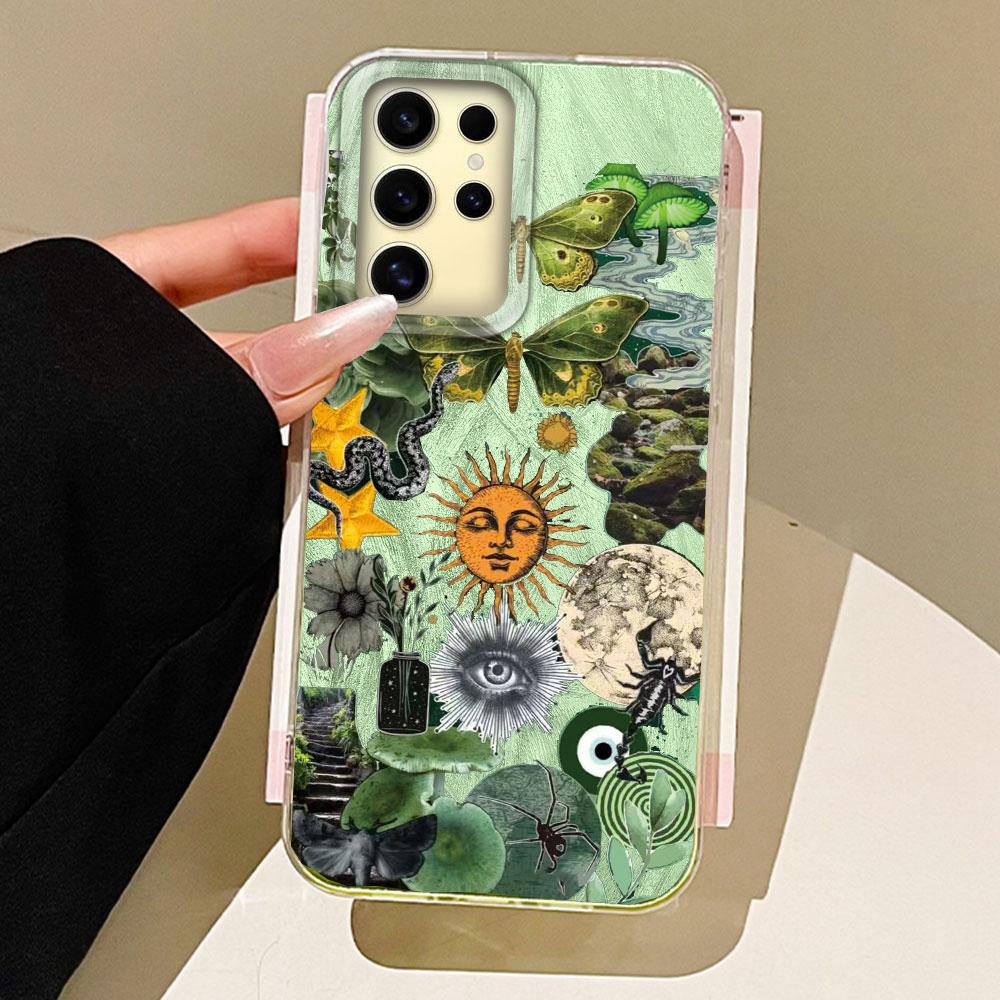 Green Sun Face Planet Fruit Trendry Feather Texture Phone Case for Samsung Galaxy S25 S24 S23 S22 S21 FE Plus Ultra Shell Cover