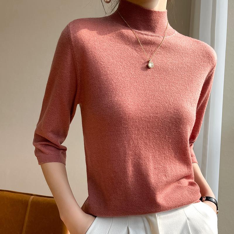 Women's Slim-Fit Half-High Collar Knit Top with Mid-Length Sleeves