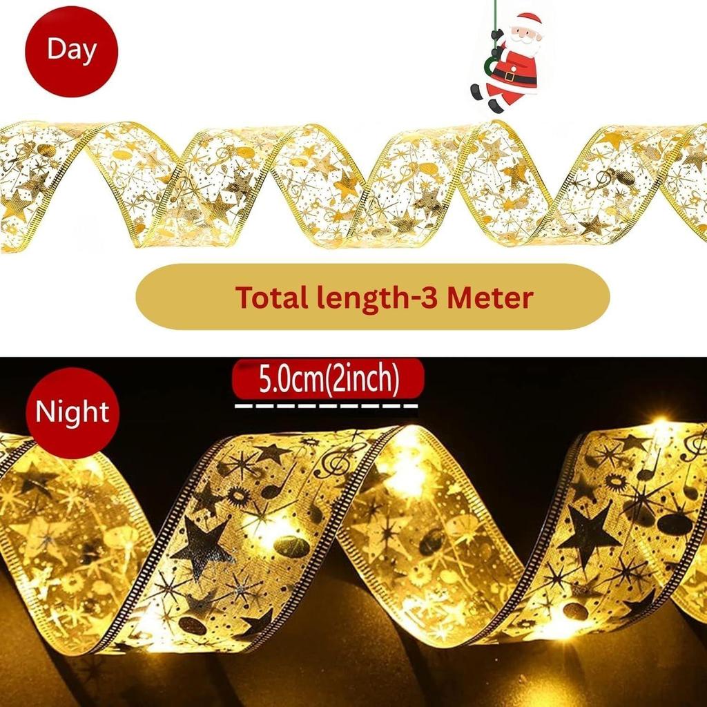 Weihnachtsbaumband (L=3m,B=5cm) Goldene Lichterkette, 30 LED Warmes Licht Dekorative Schleife für Weihnachtsdekoration, Geschenkverpackung(Keine Batterien enthalten)