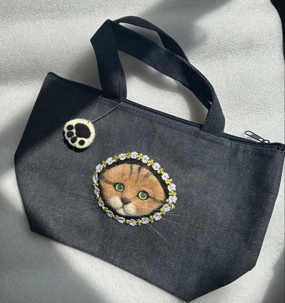 [USED] Felted Wool Artist Teddy Bear Handmade Stuffed Toy Bag Cat