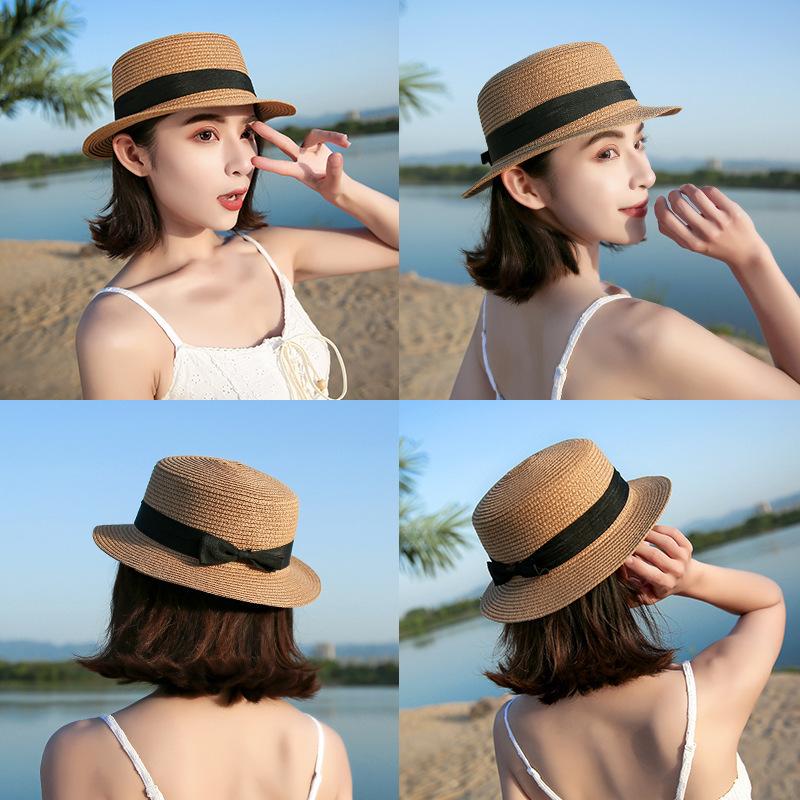 

Flat Top Straw Hat Women S Summer Vacation Style Beach Hat Large Brim Sun Protection Sun Hat French Top Hat M（56-58cm）