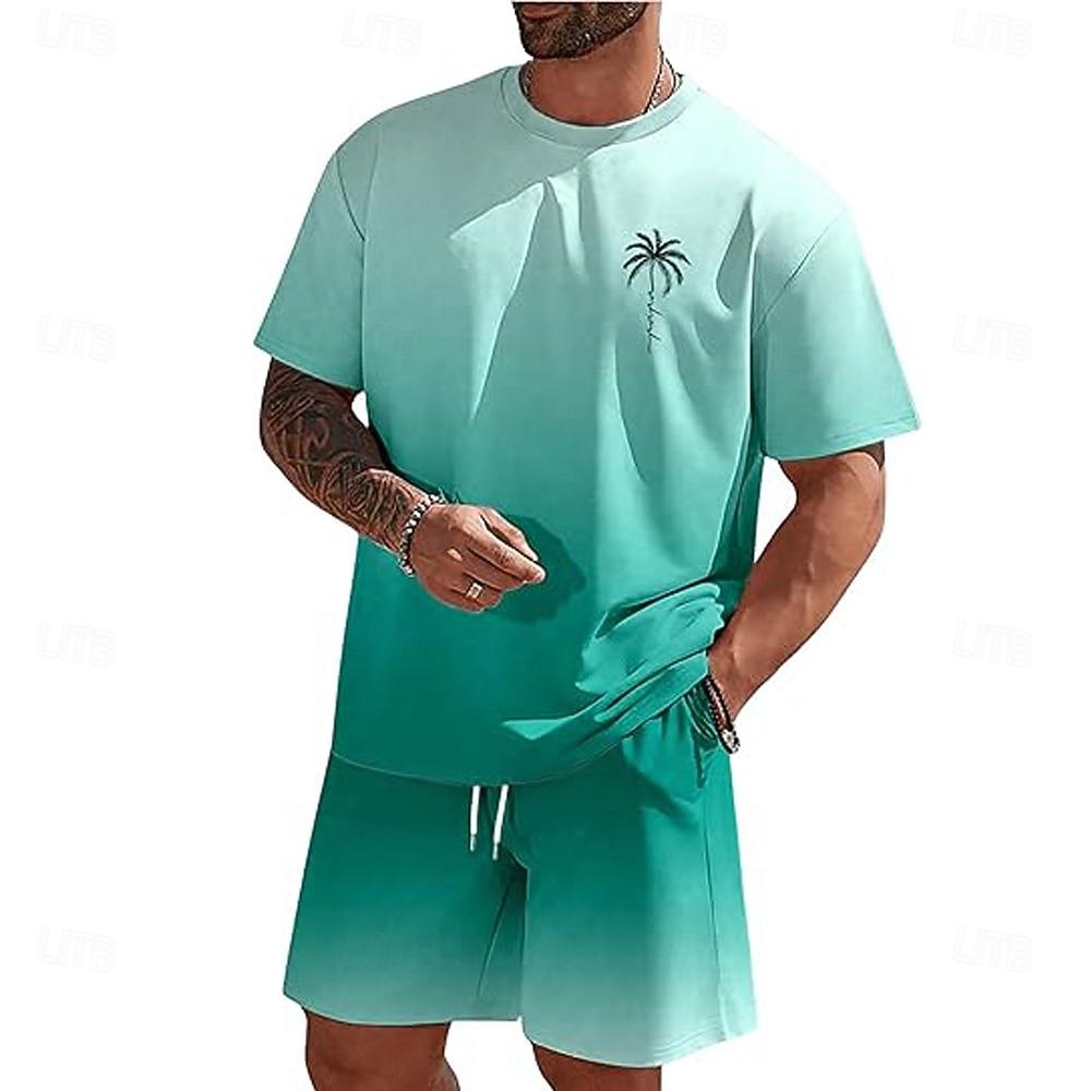 Men's Ombre Palm Tree 2pcs Tees Sets Summer Tops  Crew Neck Beach Vacation Sport Daily Going Out 3D Print Summer White Blue Green