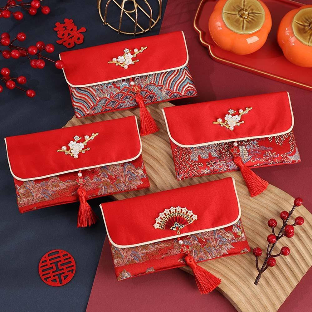New Year Blessing Words 2025 Money Pocket Brocade Cloth Tassel New Year Money Bag Chinese Wedding