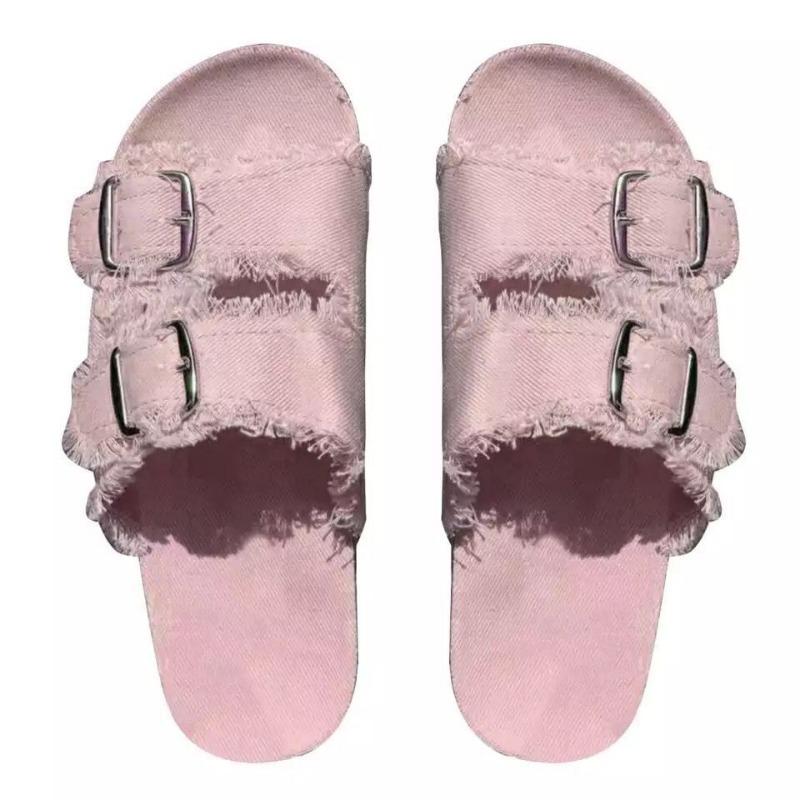 Summer new flat-bottomed slippers women's summer new large-size belt buckle one-word canvas cool slippers