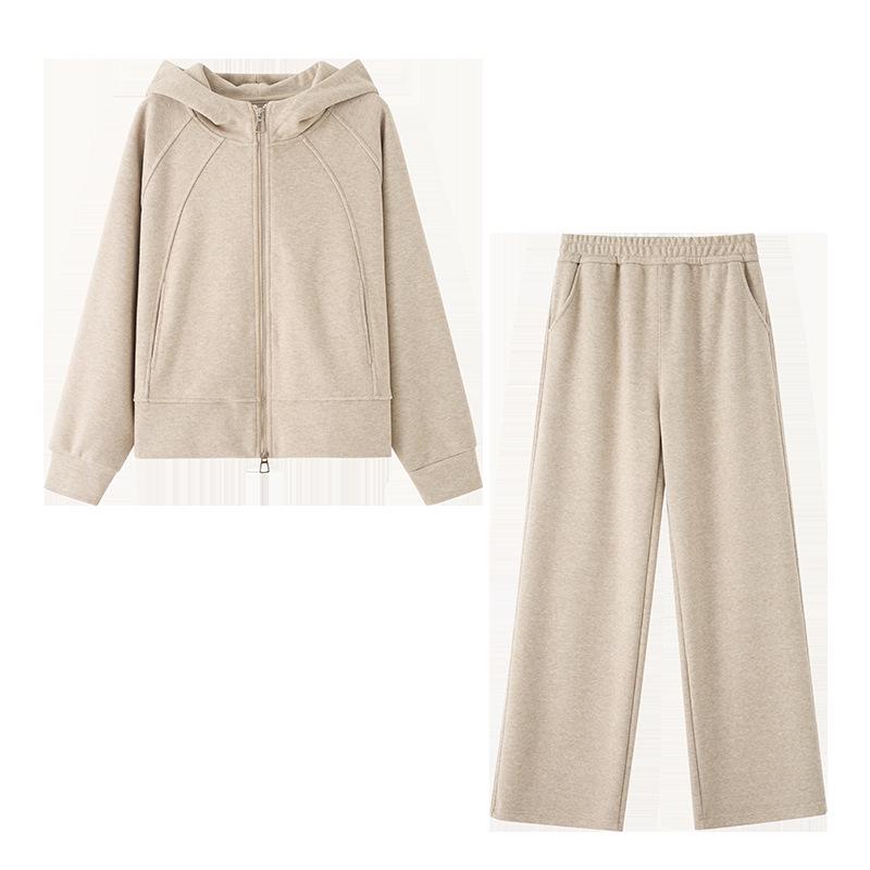 2025 Spring/Autumn Women's Petite Hooded Knit Tracksuit: Sweatshirt & Wide-Leg Pants Set
