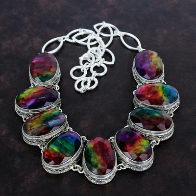 Faceted Ammolite Necklace 925 Sterling Silver Necklace Handmade Adjustable Chain Necklace Gemstone Jewelry Gifts For Mother Vintage Necklace