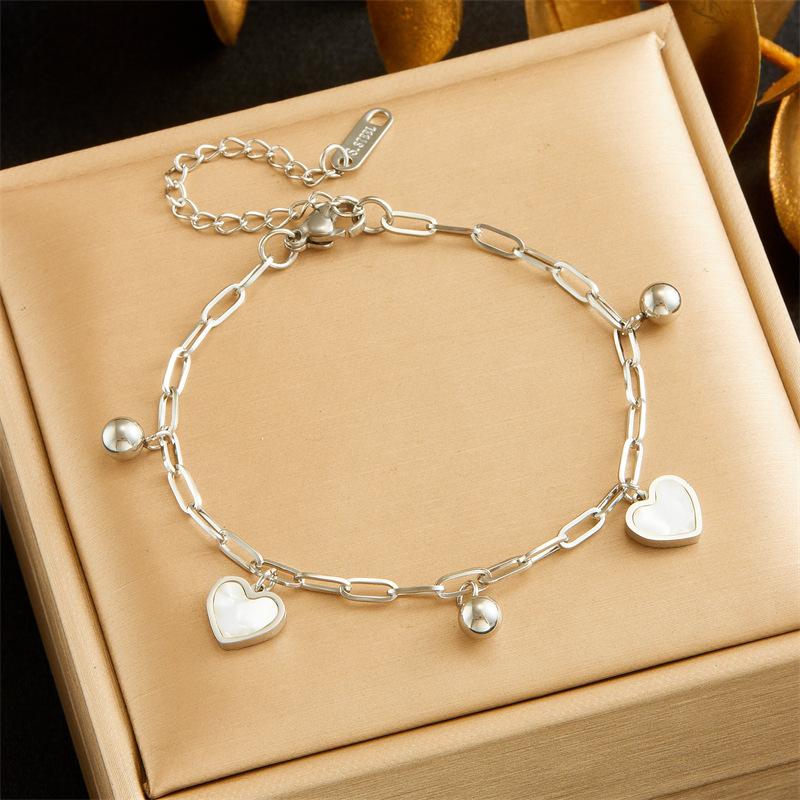 Gold Plated Paperclip Chain Bracelet with Mother of Pearl Heart Charms Fashion Jewelry for Women