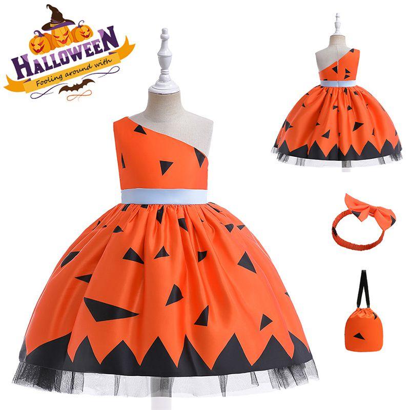 Silky And High Quality Halloween Costume Dress With Pumpkin Bag For Children