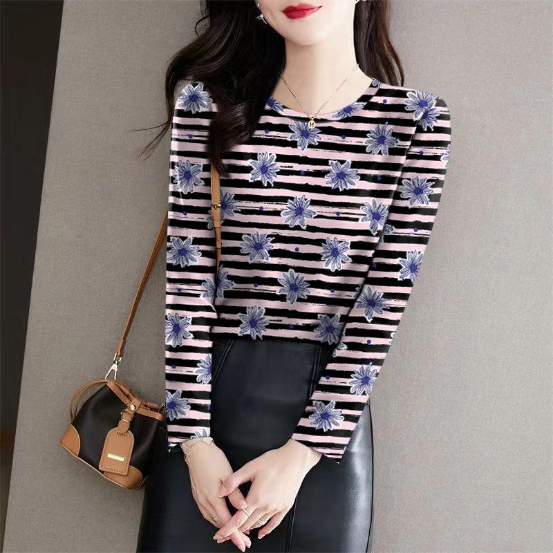 

Women s Striped Round Neck Long Sleeve Silk Base Layer Top for Autumn/Winter XXXXL