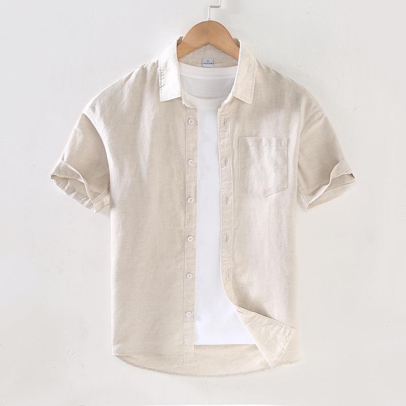 Men's Summer Cotton Linen Pocket Cardigan Square Collar Short Sleeve Casual Shirt