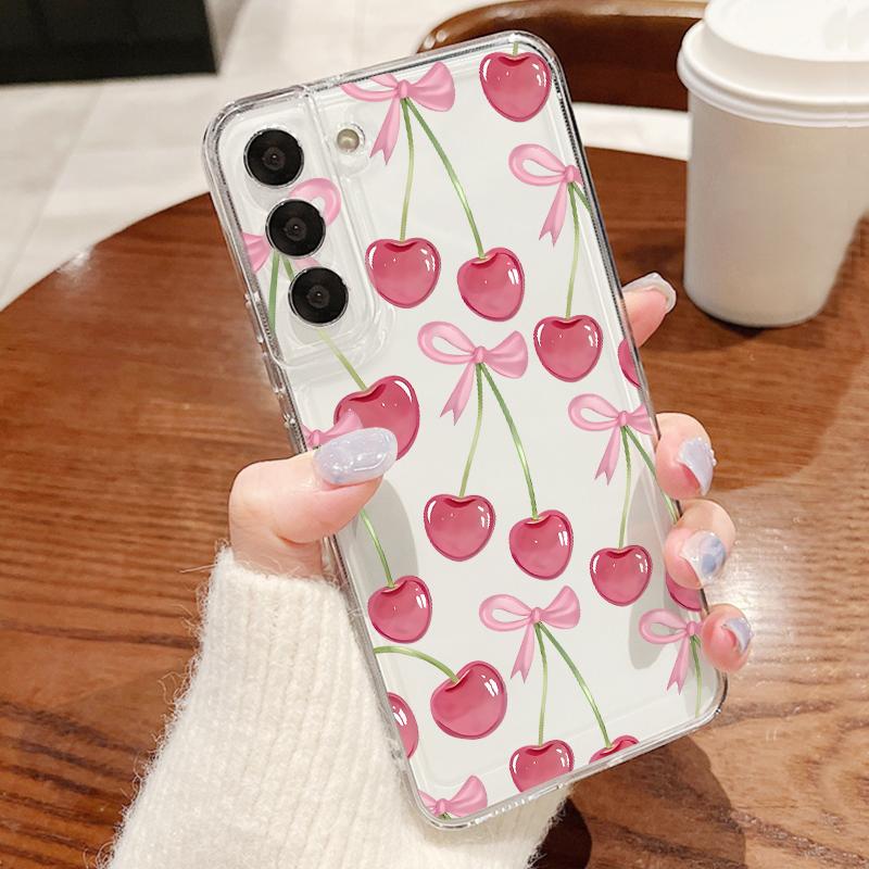 Cherry Bowknots Case For Samsung A57 S26 Ultra A37 A17 A56 A36 A26 A16 A55 A35 A25 A15 A54 5G S21 FE S22 S23 S24 S25 Plus Clear TPU Soft Cover