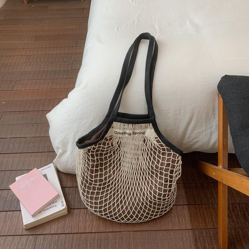 Korean Mesh Net Tote Bag Women Large Capacity Summer Hollow Out Beach Bag Lightweight Shoulder Bag For Vacation Shopping Handbag