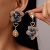 Retro fabric diamond-set asymmetrical flower water drop silver needle earrings European and American fashion elegant temperament high-end earrings