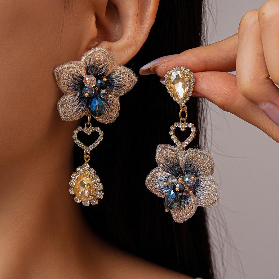 Retro fabric diamond-set asymmetrical flower water drop silver needle earrings European and American fashion elegant temperament high-end earrings