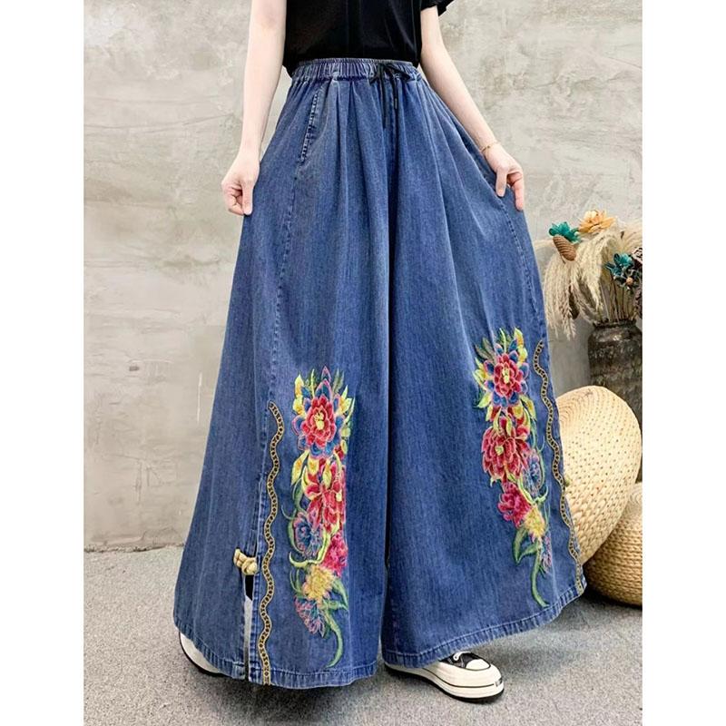 Vintage Style Embroidered Denim Pants Women Autumn Loose Plus Size High Waist Wide Leg Pants Streetwear Casual Jeans 2025