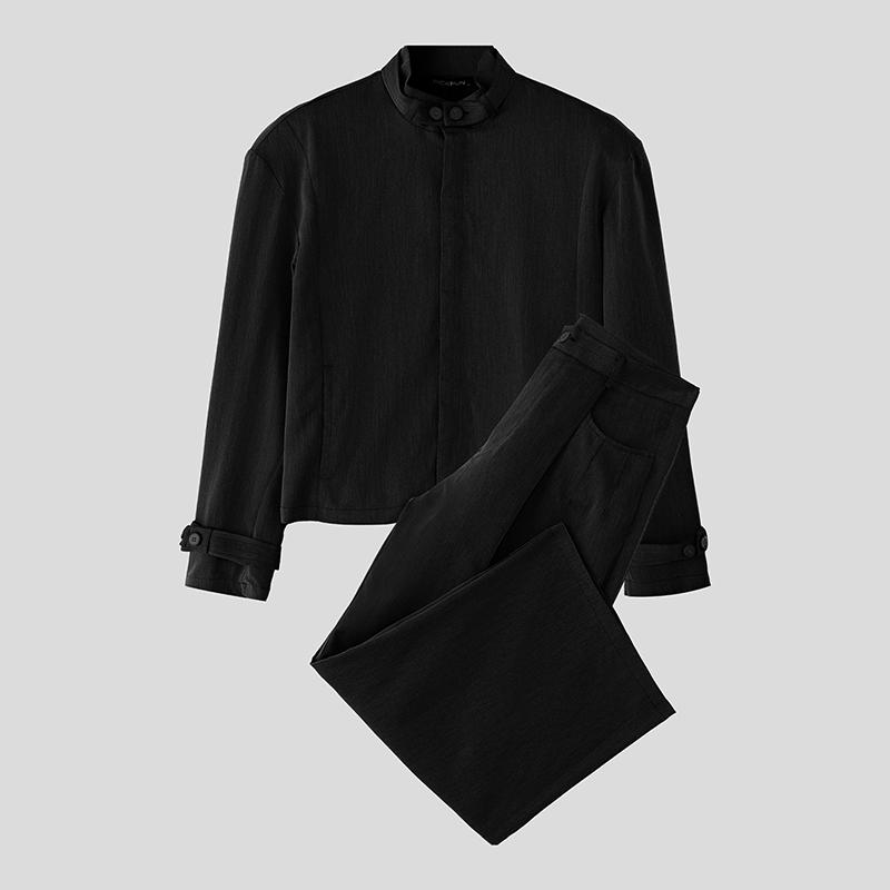 

INCERUN Two Piece Suit Men Stand Neck Long Sleeve Tops Pants Outfits Sets L чёрный