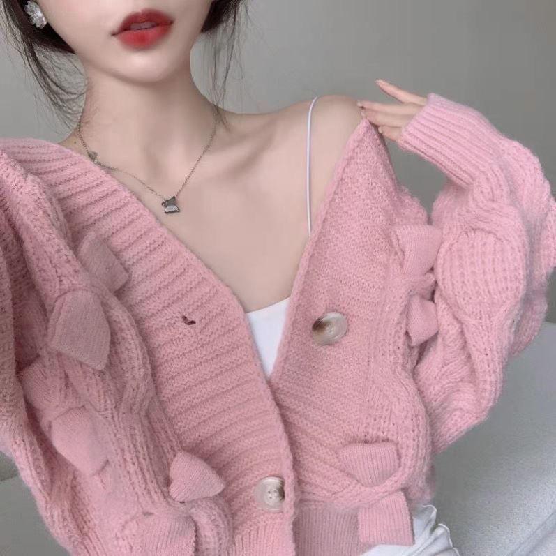 Pullover Damen Herbst und Winter Oberbekleidung Retro Japanischer Lazy Style V-Ausschnitt Schleife Locker gestrickte Strickjacke