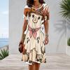 Women Plus Size Round Neck Short Sleeve Multicolor Printed A Line Flared Dress
