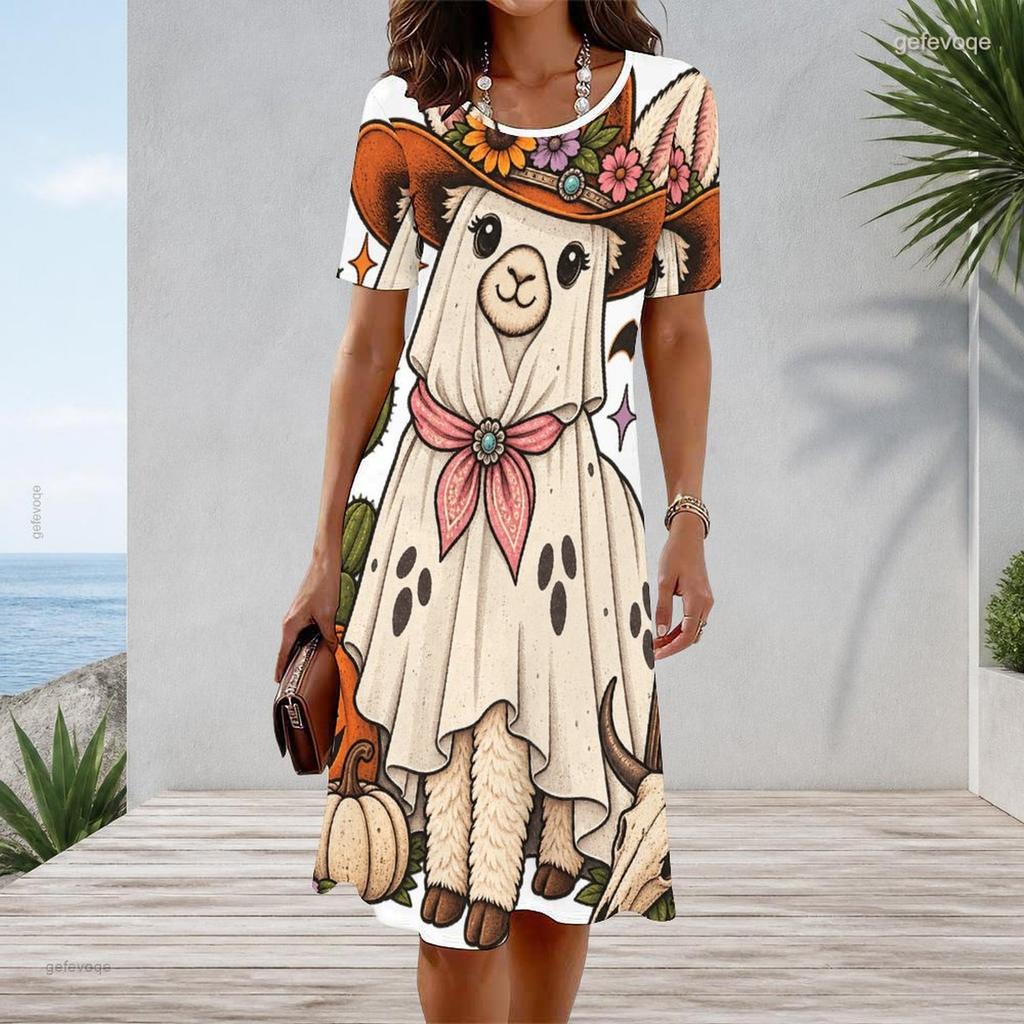 Women Plus Size Round Neck Short Sleeve Multicolor Printed A Line Flared Dress