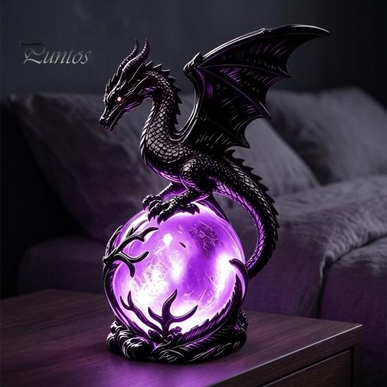 Purple Luminous Crystal Ball Gothic Dragon Night Light, Resin Statue with Glowing Cool Ornament Sphere, Fantasy Table Lamp for Halloween Home Desktop