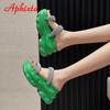 Aphixta 2025 New Luxury Crystals Summer Thick Sole Slides Simple Platform Women Shoes Green Flip Flops Wedge Heel Beach Slippers