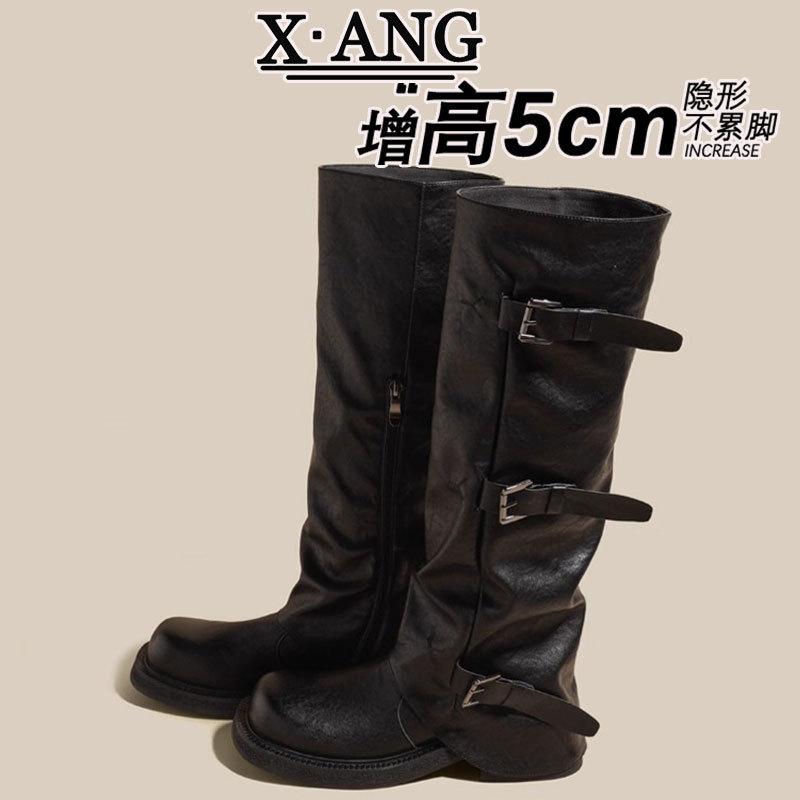 Leather Tall Boots Women's Boots But Knee Boots Thick Heel Thick Sole Height Increasing Knight Boots Western Cowboy Boots Pile Boots